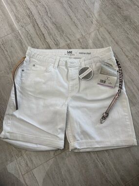 Lee White Midrise Bermuda Shorts with Metallic Braided Belt